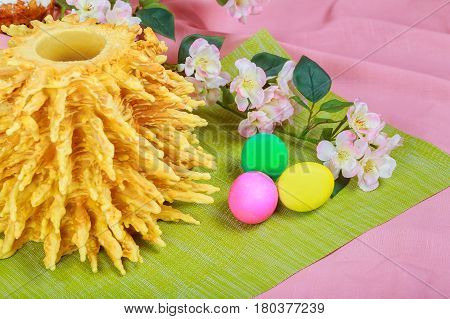 Homemade Traditional Easter Lithuanian Sakotis Cake Colored Eggs