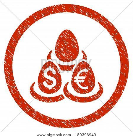 Currency Deposit Diversification grainy textured icon inside circle for overlay watermark stamps. Flat symbol with dirty texture. Circled vector red rubber seal stamp with grunge design.