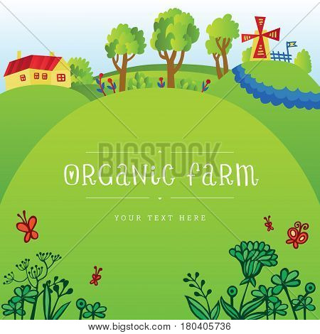 Vector illustration of a green village with a windmill. Eco friendly backdrop