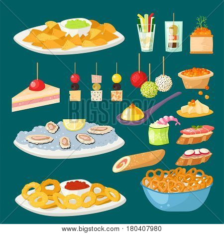 Various meat canape snacks appetizer fish and cheese banquet snacks on platter illustration. Cuisine buffet delicious. Vector tasty starter restaurant catering tartlet ham sandwich.