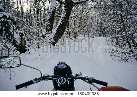 Motorcycles with sidecars in winter wood in Ukraine