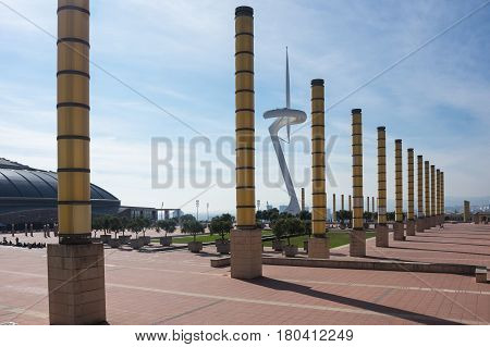 BARCELONA, SPAIN - OCTOBER 23, 2015: Torre Calatrava and Torre Telefonica is a telecommunication tower in the Montjuic hill of Barcelona Catalonia Spain