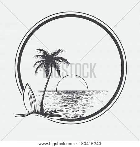 palm beach illustration on summer sea.Seascape graphic vector illustration