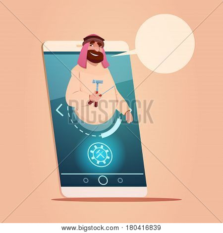 Arab Businessman Hold Instruments Chat Bubble Message Cell Smart Phone Network Communication Flat Vector Illustration