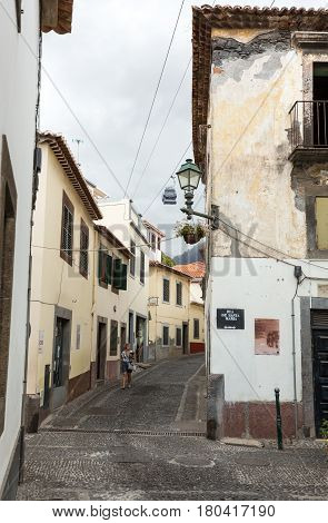 FUNCHALMADEIRA PORTUGAL SEPTEMBER 4 2016: Zone Velha - the oldest district famous for its best restaurants and cafes in Funchal. Madeira Portugal