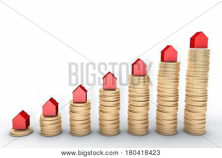 3d image: high quality rendering: Mortgage concept. Red houses on stacks of  golden coins isolated on white background Metal copper  house graph chart stock market.