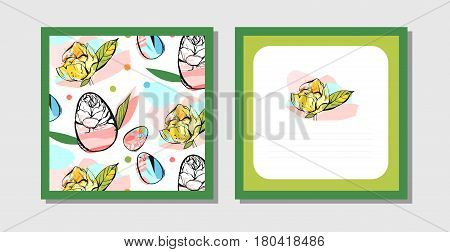 Hand drawn vector abstract creative Easter greeting postcard design template with painted Easter eggs and spring flowers isolated on white background.Design for flayerinvitationsave the date card