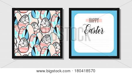 Hand drawn vector abstract creative Easter greeting postcard design template with painted Easter eggs and spring flowers isolated on white background.Design for flayerinvitationjournalingdecoration