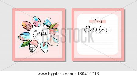Hand drawn vector abstract creative Happy Easter greeting postcards design template with painted Easter eggs frame and Happy Easter phase in pastel colors.Design for invitationdecorationsignsale