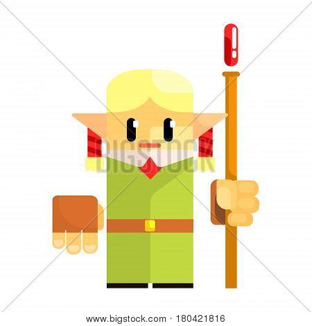 Cartoon dwarf gnome wearind hat with a staff in his hands. Fairy tale, fantastic, magical colorful character isolated on a white background