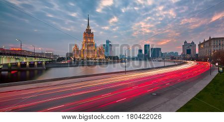 MOSCOW RUSSIA - 18 OCTOBER 2015: Hotel Ukraine (Radisson Royal Hotel) in Moscow Russia. One of the Seven Sisters in Moscow it was built in 1957 and it is 206 meters high.