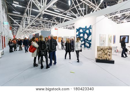 BOLOGNA, ITALY. JANUARY 28. People view the ArteFiera 40. Vernissage on January 28, 2016 in Bologna, Italy.