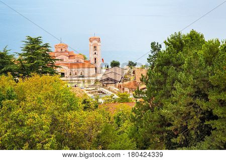 Saint Climent and Panteleimon Church in Ohrid, Macedonia aerial panoramic view