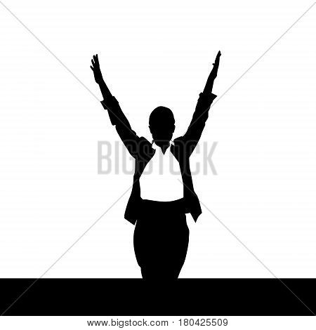 Business Woman Black Silhouette Excited Raised Hands Over White Background Vector Illustration