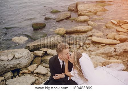beautiful blonde couple celebrate their wedding day