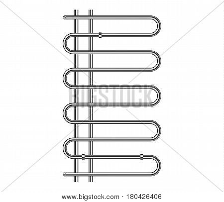 Realistic modern European design 3D chrome luxury combined heated towel rail and coil pipe tube heating battery radiator from bath isolated on white background for advertizing marketing website