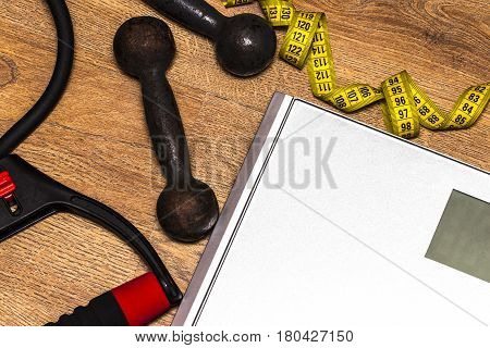 Scale, Jump Rope, Weights And Tape Measure, Concept Of Diet And Healthy Lifestyle
