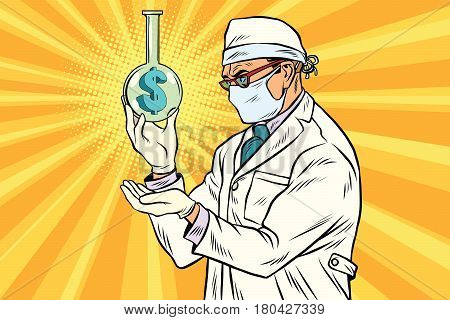 Scientist in mask analyzes the economy. Dollars money. Pop art retro vector illustration