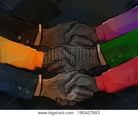 hand shake business concept of partnership deal agreement together lot of hand as a team multilateral trade in color