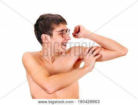 Young Man Muscle Flexing Isolated on the White Background