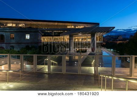ATHENS, GREECE - JANUARY 19 2017: Night photo of Acropolis Museum in Athens, Attica, Greece