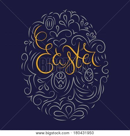 Easter egg blue background. Hand drawn lettering for Easter with decor. Religion holiday. Could be used fo greeting card.