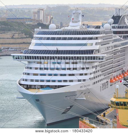Valletta Malta - February 26 2017: Front view MSC Splendida luxury cruise ship moored in port of Valletta