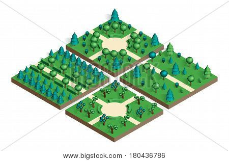 Isometric view projection summer landscape. Nature appearance of park with trees. Set for design your own location. Stock vector.