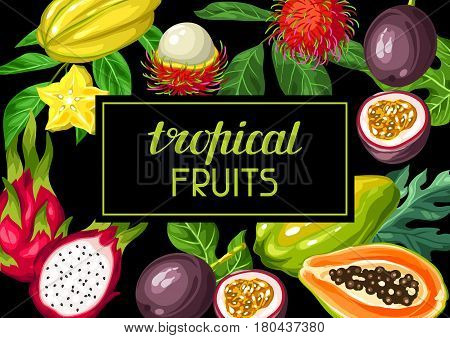 Background with exotic tropical fruits. Illustration of asian plants.