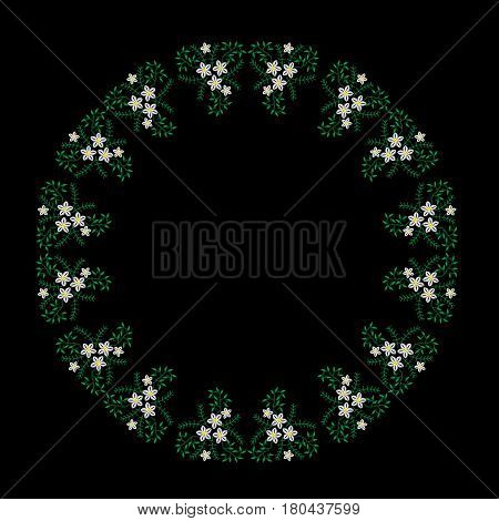 Embroidery stitches imitation floral pattern frame with white flower and green leaf. Vector folk embroidery pattern on the black background for printing on fabric napkin and other decoration.