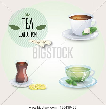 Tea collection illustration. Different styles cups and glass. Mint, black, green and oriental tea. Mint leaf and lemon slices.