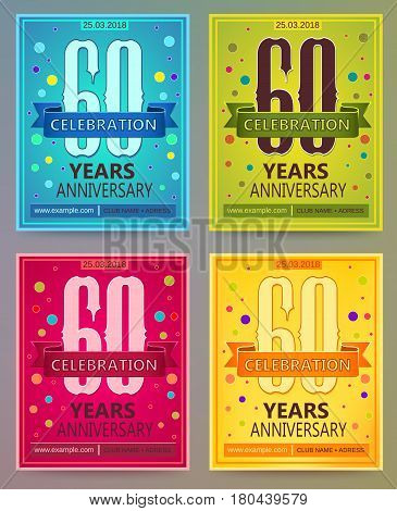 Anniversary flyers or invitations vector templates. Blue, green, pink and yellow as winter, spring, autumn, summer. Banner, card or invitation layout for anniversary celebrating.
