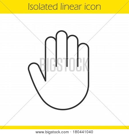 Palm linear icon. Hand thin line illustration. Stop, greeting and high five gesture contour symbol. Vector isolated outline drawing