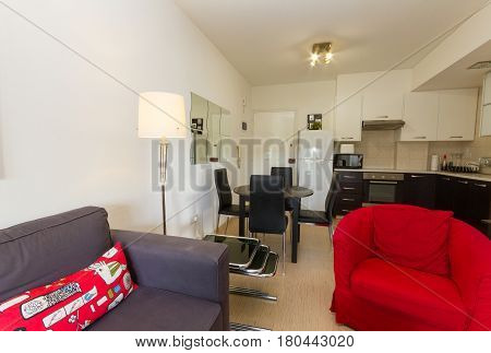 Modern Living Room And Kitchen In Wenge And Red Colors