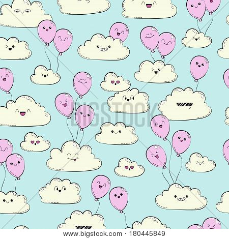 Vector seamless pattern with clouds and pink air balloon.