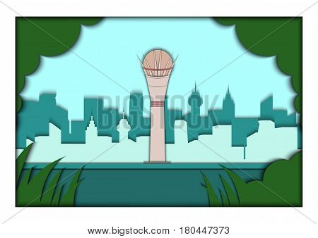 Paper applique style illustration. Card with application of Astana ponorama with The Baiterek monument Kazakhstan. Postcard