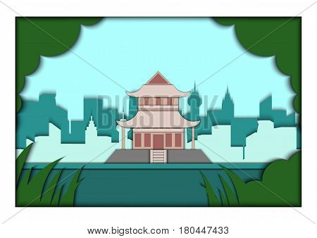 Paper applique style illustration. Card with application of ponorama with Japanese pagoda. Postcard