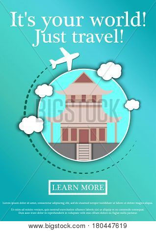 Banner with text Its your world.Just travel. Concept website template.Modern flat design. Vector Illustration.Japanese pagoda