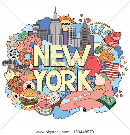 Vector doodle illustration showing Architecture and Culture of New York. Abstract background with hand drawn text New York.