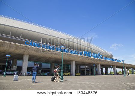 Phu Quoc, Vietnam - Mar 18, 2017: Front view of Phu Quoc International Airport on Phu Quoc island, Kien Giang province, south Vietnam.