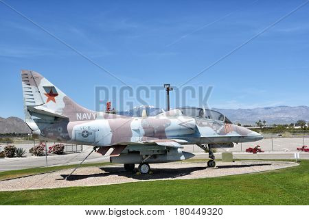 PALM SPRINGS, CALIFORNIA - MARCH 24, 2017: A-4 Skyhawk at the Palm Springs Air Museum, Palm Springs. The plane on display was the last active A-4 assigned to the Navy.