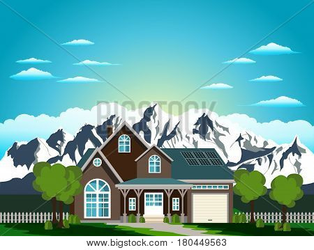 Private modern house with sun batteries on the roof, trees, mountains, sky and clouds.Vector illustration in flat style.