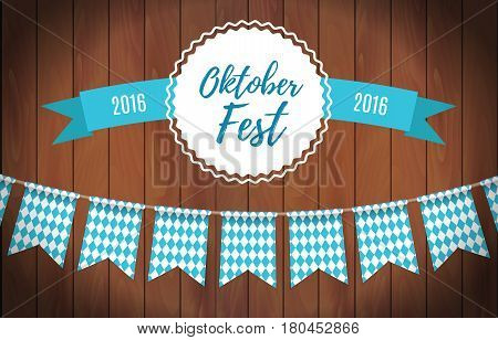 Oktoberfest garlands having blue-white checkered pattern and lettering Oktoberfest with ribbon on a wooden background. Bavarian beer fest background celebrate with beautiful realistic garland. Vector