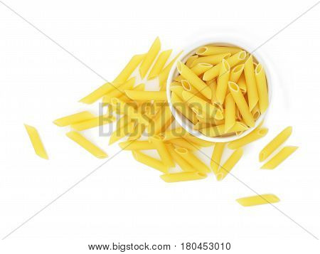 Organic raw penne pasta in the blow on white background