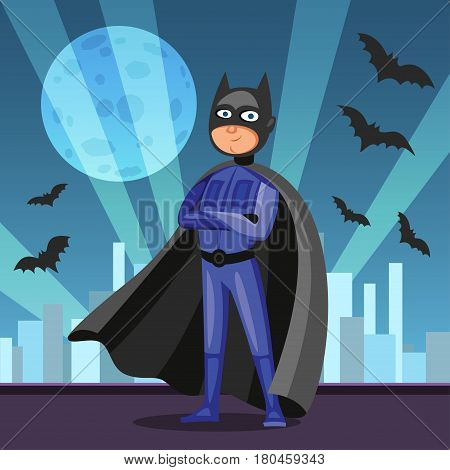 Cartoon superhero in black cape. Man in dark hero costume on night city background. Vector illustration