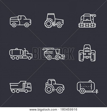 Agricultural machinery line icons set, tractor, truck, pickup, harvester, combine, agrimotor, vector illustration