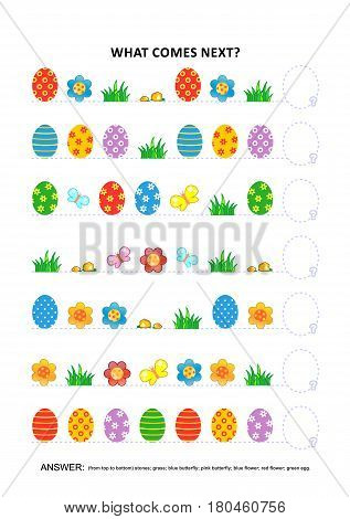 Easter themed educational logic game training sequential pattern recognition skills: What comes next in the sequence? Answer included.