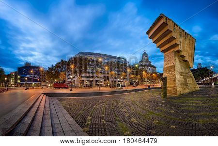 BARCELONA SPAIN - NOVEMBER 17 2014: Monument to Francesc Macia on the Placa de Catalunya. The square occupies an area of about 50000 m2 and it's considered to be the center of the city.