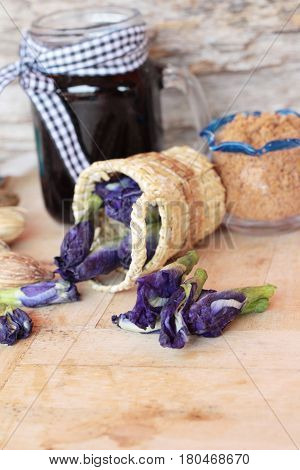 Butterfly pea tea and fresh anchan flowers