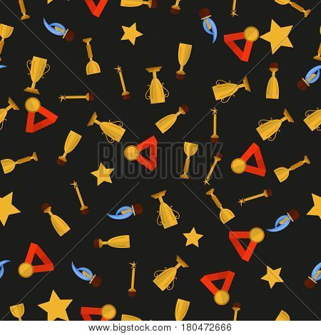 Seamless pattern with cups and medals on black background. Vector. Victory, success.